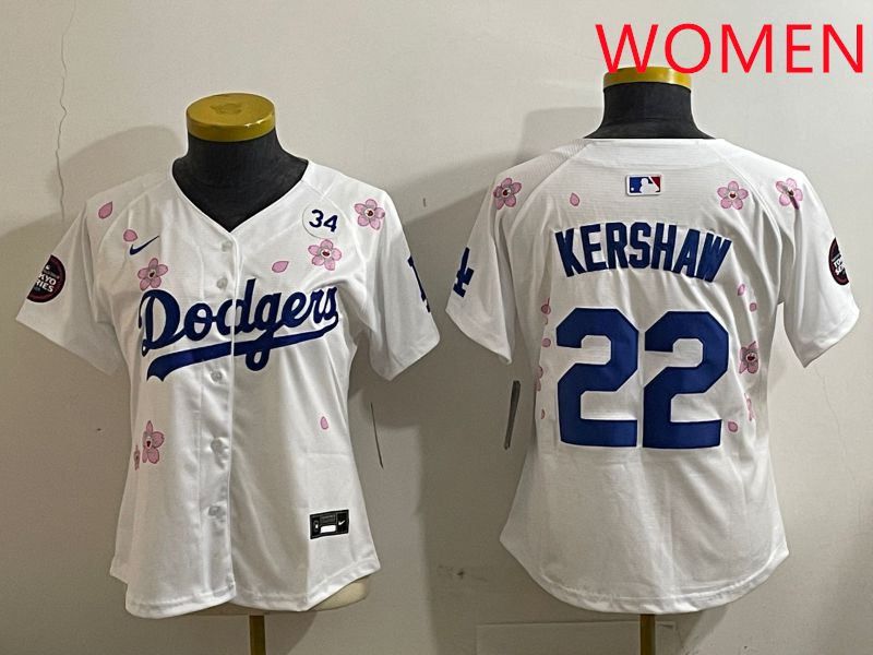 Women Los Angeles Dodgers #22 Kershaw White Sakura Edition 2025 Nike MLB Jersey style 7->women mlb jersey->Women Jersey